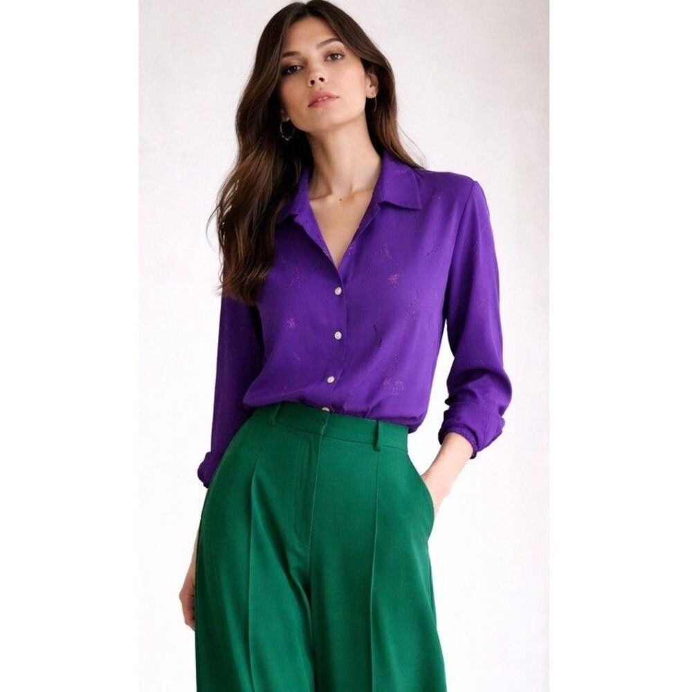 City Silk Petite Large 100% Silk Purple Textured Button Up Blouse